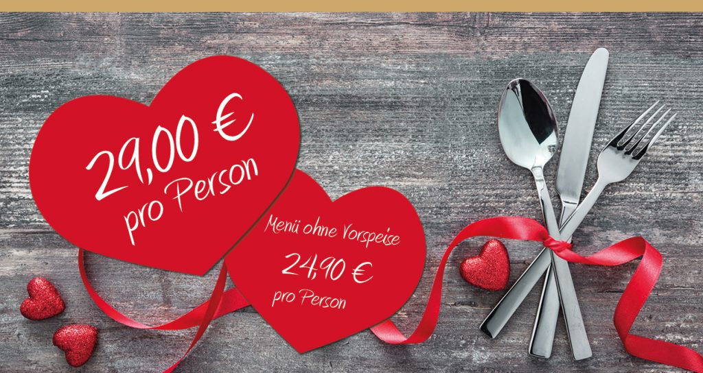 Ein Bild mit ein Valentinsmenü für zwei Personen mit zwei Hauptgerichte und Dipps für 29,00 €
